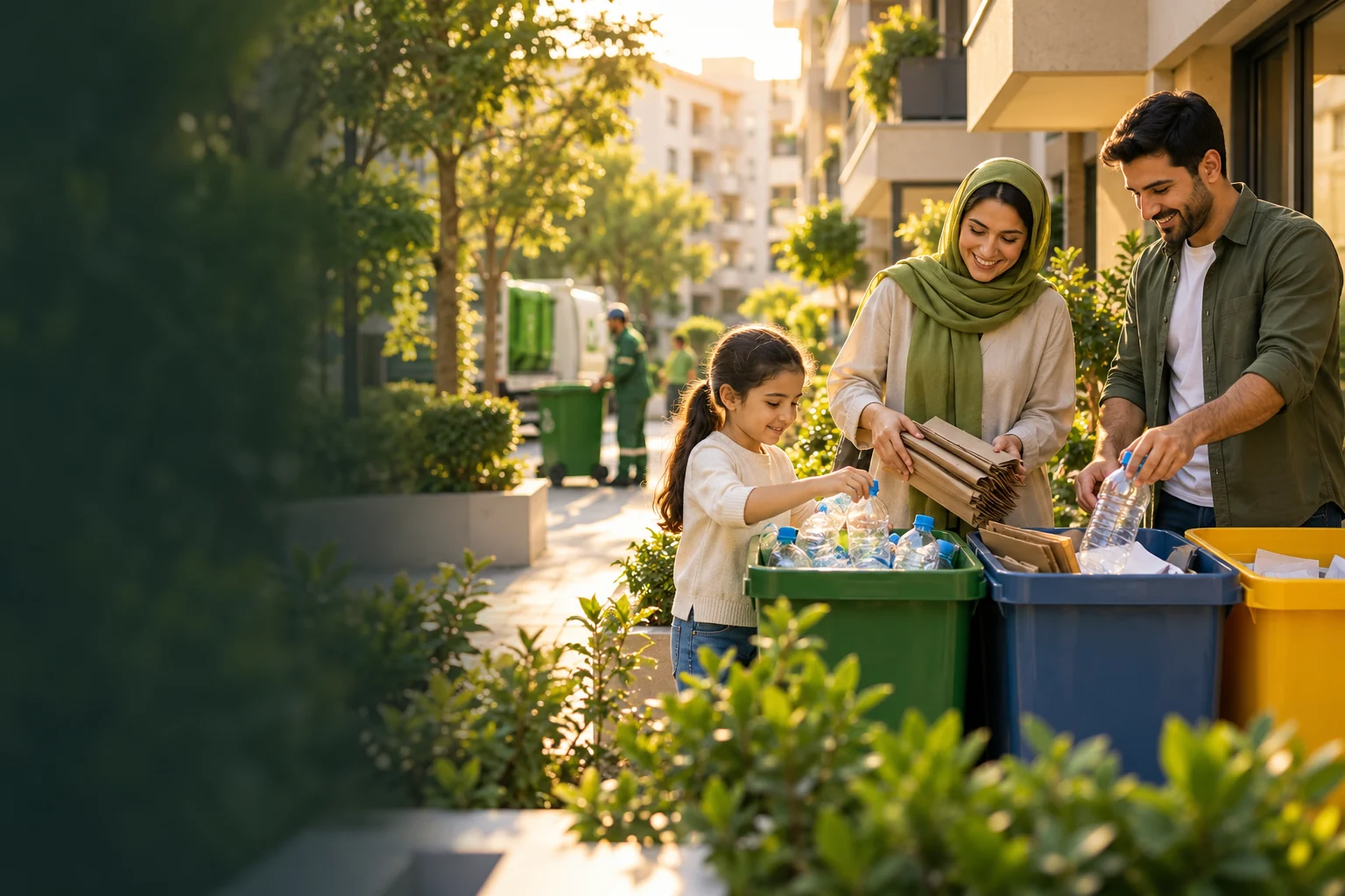 خانوادهای در محیط شهری در حال تفکیک بطریهای پلاستیکی و مقوا برای بازیافت